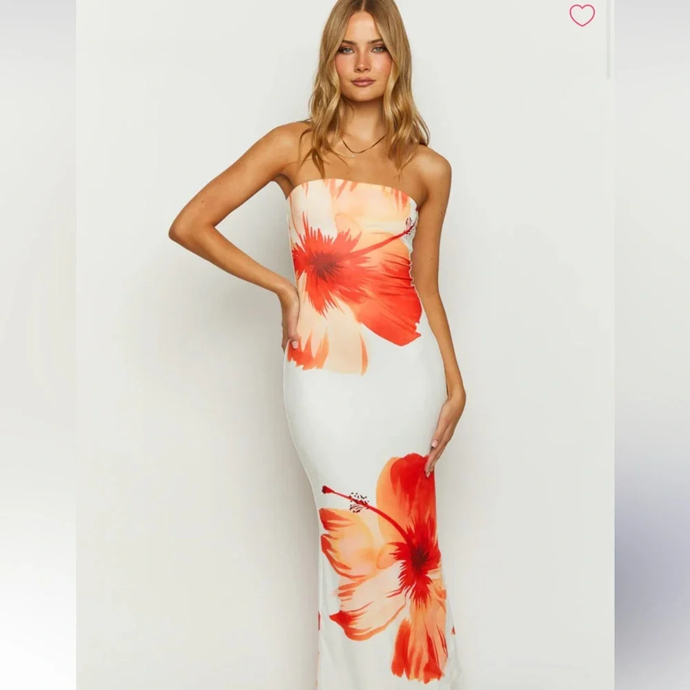 Strapless White Maxi Dress with Red-Orange Floral Print - Picture 1 of 6